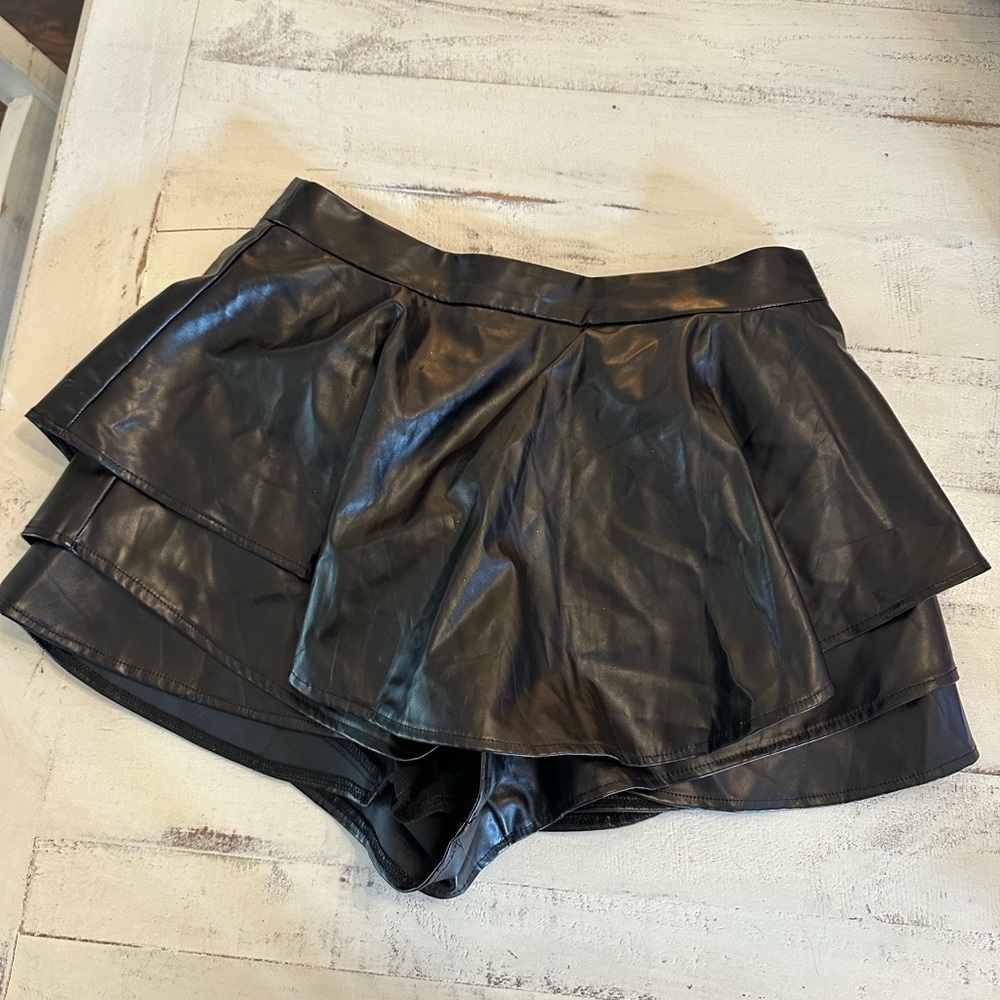 Black Faux Leather Layered Skort